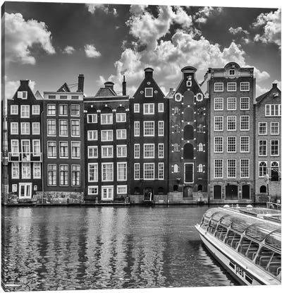 Amsterdam Damrak And Dancing Houses | Monochrome Canvas Art Print - Amsterdam Skylines