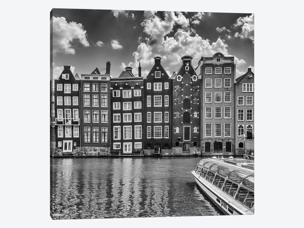 Amsterdam Damrak And Dancing Houses | Monochrome by Melanie Viola 1-piece Canvas Artwork