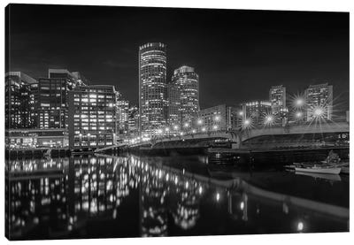 Boston Harborwalk Nightscape | Monochrome Canvas Art Print - Boston Art