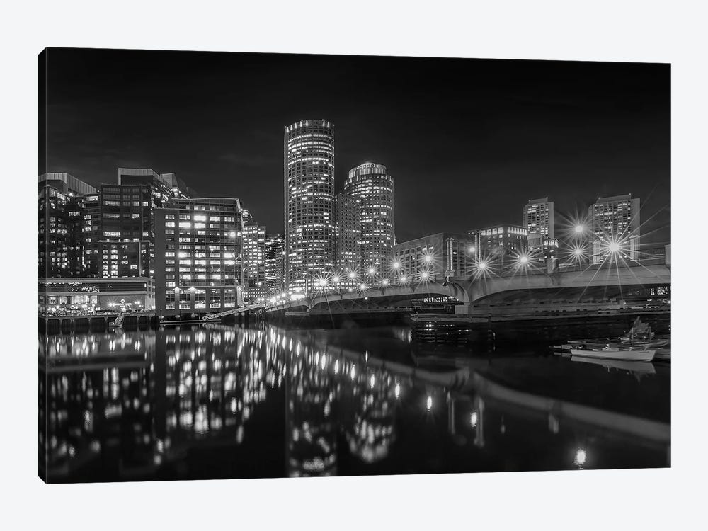 Boston Harborwalk Nightscape | Monochrome by Melanie Viola 1-piece Canvas Art Print