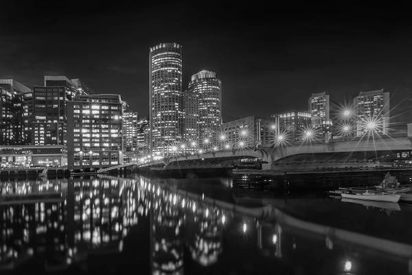 Massachusetts: Boston Harborwalk Nightscape | Monochrome by Melanie Viola
