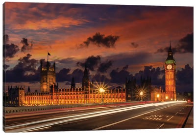 Nightly View From London Westminster Canvas Art Print - Westminster Abbey