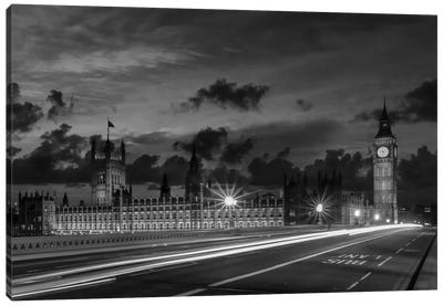 Nightly View From London Westminster | Monochrome Canvas Art Print - Westminster Abbey