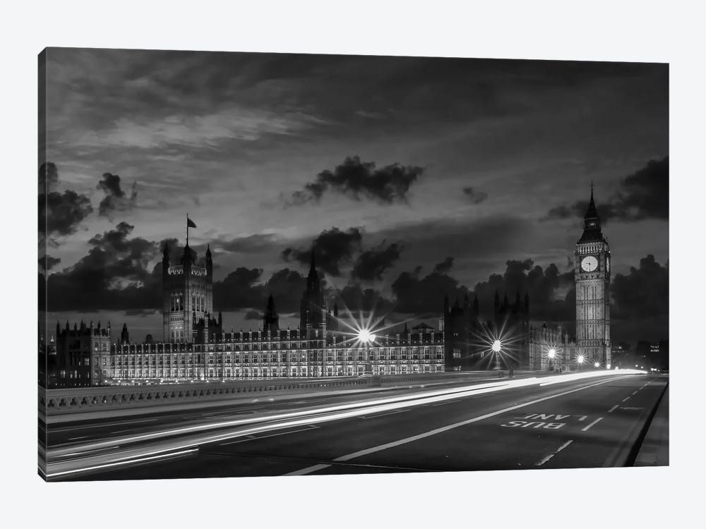 Nightly View From London Westminster | Monochrome by Melanie Viola 1-piece Canvas Wall Art