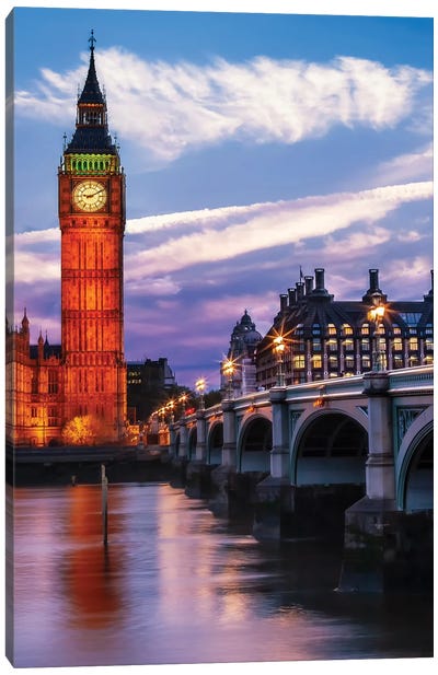 Evening At Westminster Bridge Canvas Art Print - England Art
