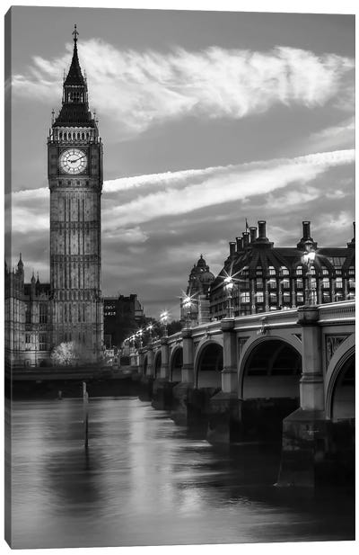 Evening At Westminster Bridge | Monochrome Canvas Art Print - England Art