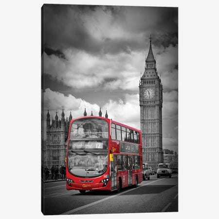 London Houses Of Parliament & Red Bus Canvas Print #MEV57} by Melanie Viola Canvas Artwork