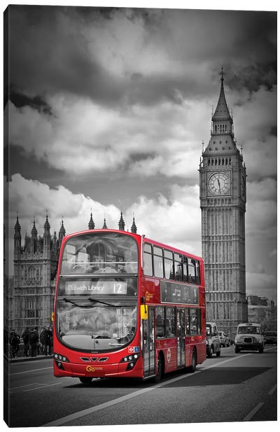 London Houses Of Parliament & Red Bus Canvas Art Print - Black, White & Red Art