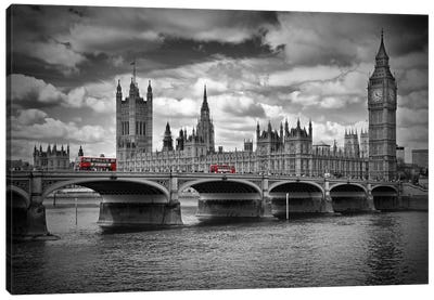 London Houses Of Parliament & Red Buses Canvas Art Print - Melanie Viola