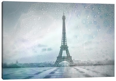 Eiffel Tower Rainy Day | Dreamy Blue Canvas Art Print - Melanie Viola