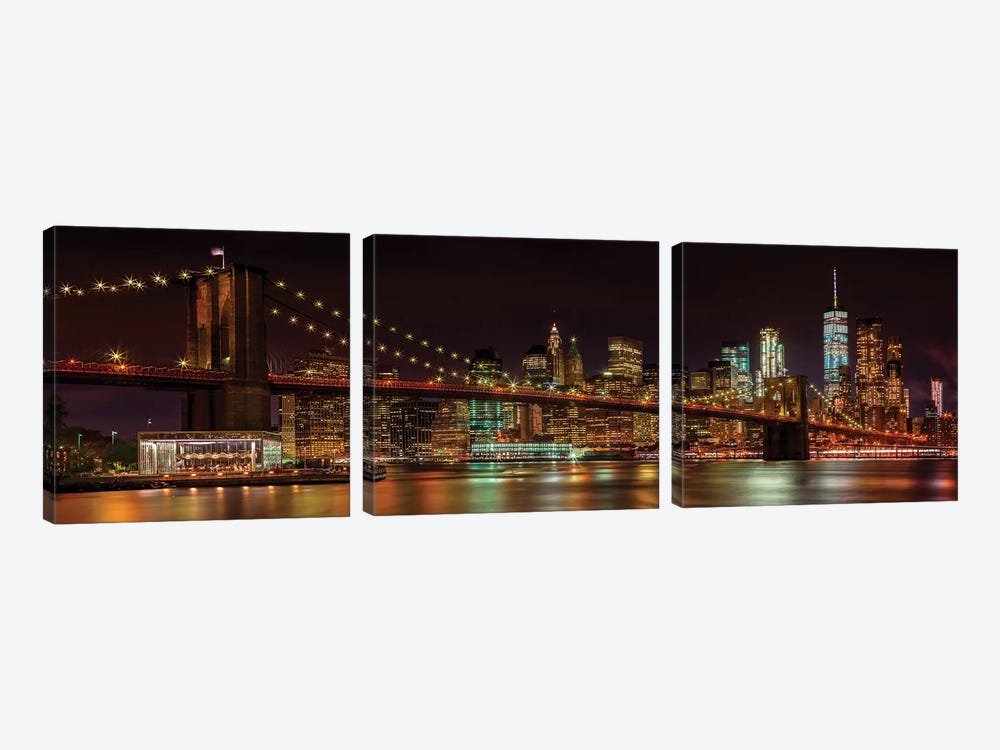 Manhattan Skyline & Brooklyn Bridge Idyllic Nightscape  by Melanie Viola 3-piece Art Print