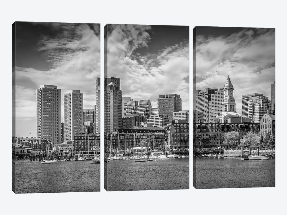 Boston Skyline North End & Financial District | Monochrome by Melanie Viola 3-piece Canvas Wall Art