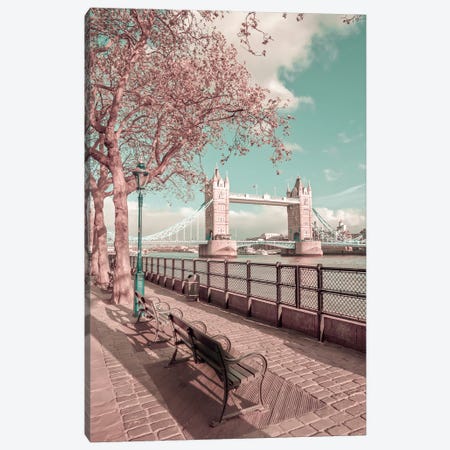 London Thames Riverside & Tower Bridge | Urban Vintage Style Canvas Print #MEV659} by Melanie Viola Canvas Print