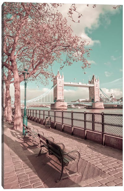 London Thames Riverside & Tower Bridge | Urban Vintage Style Canvas Art Print - Tower Bridge