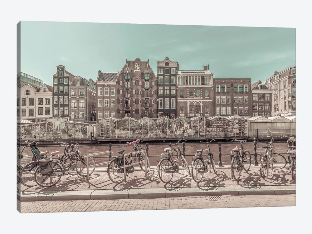 Amsterdam Singel Canal With Flower Market | Urban Vintage Style by Melanie Viola 1-piece Canvas Art Print