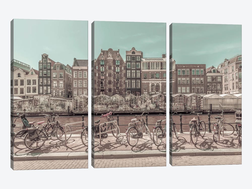 Amsterdam Singel Canal With Flower Market | Urban Vintage Style by Melanie Viola 3-piece Art Print