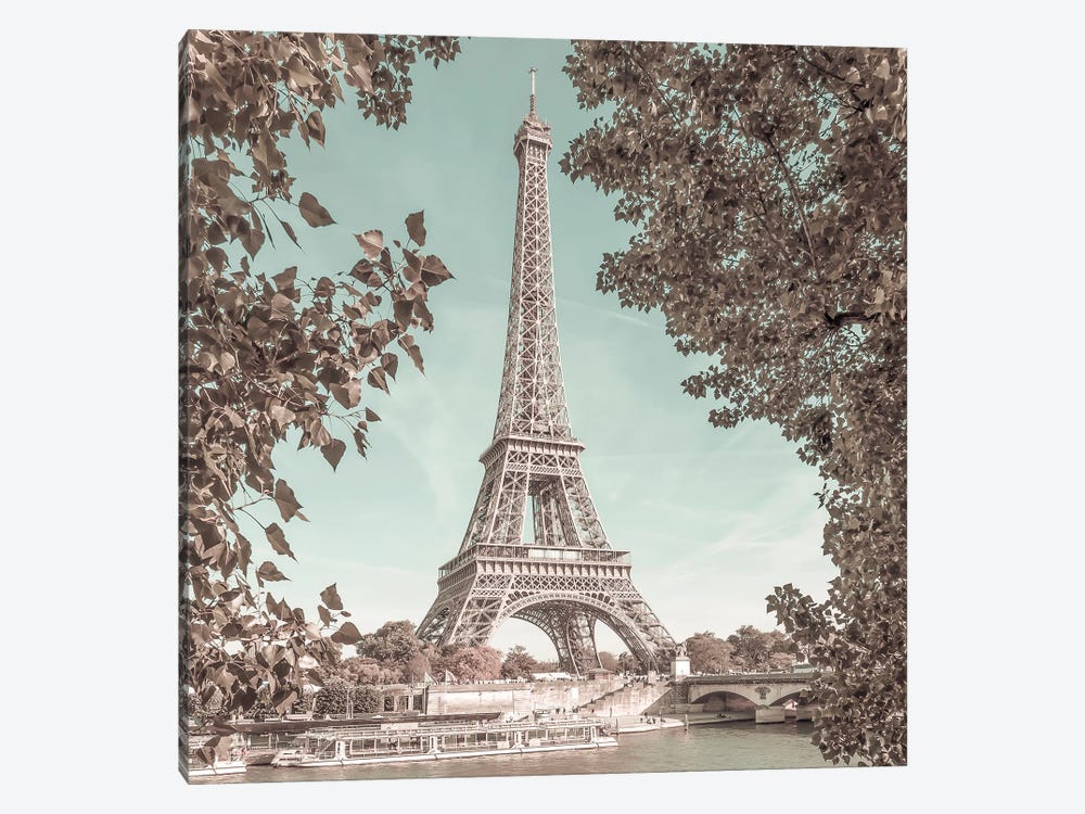 Paris Eiffel Tower & River Seine | Urban Vintage Style by Melanie Viola 1-piece Canvas Art Print