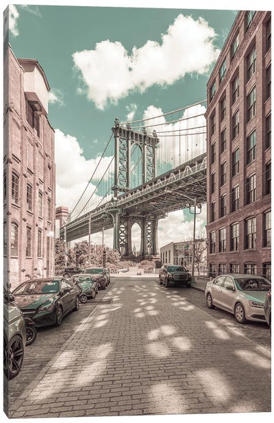 New York City Manhattan Bridge | Urban Vintage Style Canvas Art Print - Black & White Cityscapes