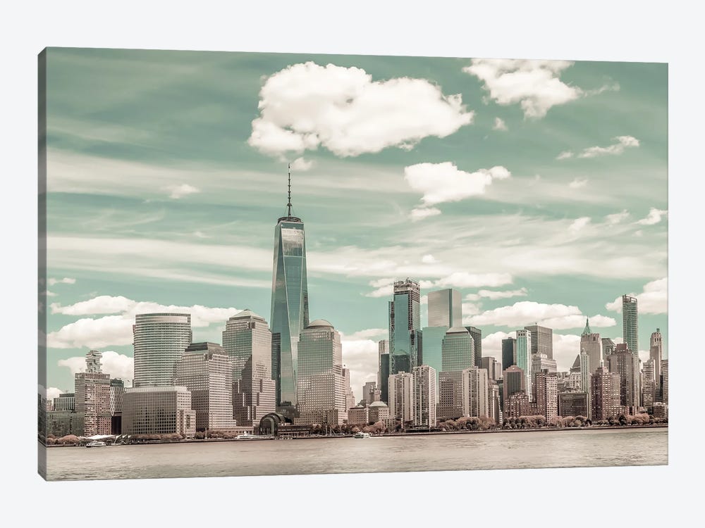 Nyc Manhattan Skyline & Hudson River | Urban Vintage Style by Melanie Viola 1-piece Canvas Wall Art