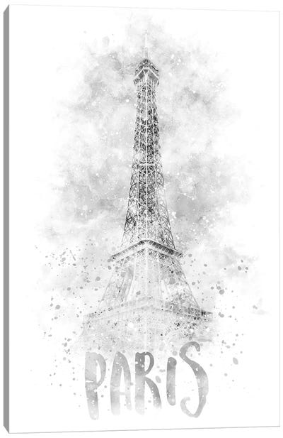 Monochrome Eiffel Tower Canvas Art Print - Paris Typography