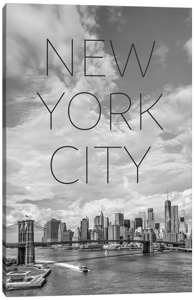 NYC Brooklyn Bridge & Lower Manhattan Text & Skyline Canvas Art Print - Brooklyn Bridge