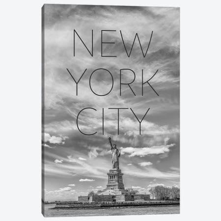 NYC Statue Of Liberty Text & Skyline Canvas Print #MEV849} by Melanie Viola Canvas Wall Art