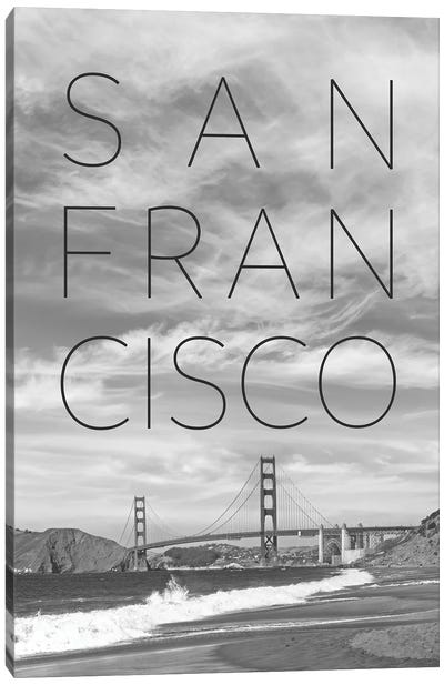 Golden Gate Bridge & Baker Beach Text & Skyline Canvas Art Print - San Francisco Skylines