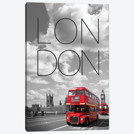 Red Buses In London Text & Skyline Canvas Print #MEV857} by Melanie Viola Canvas Art