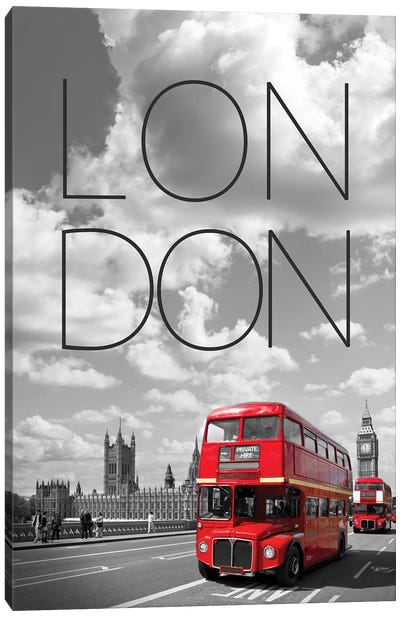 Red Buses In London Text & Skyline Canvas Art Print - London Skylines
