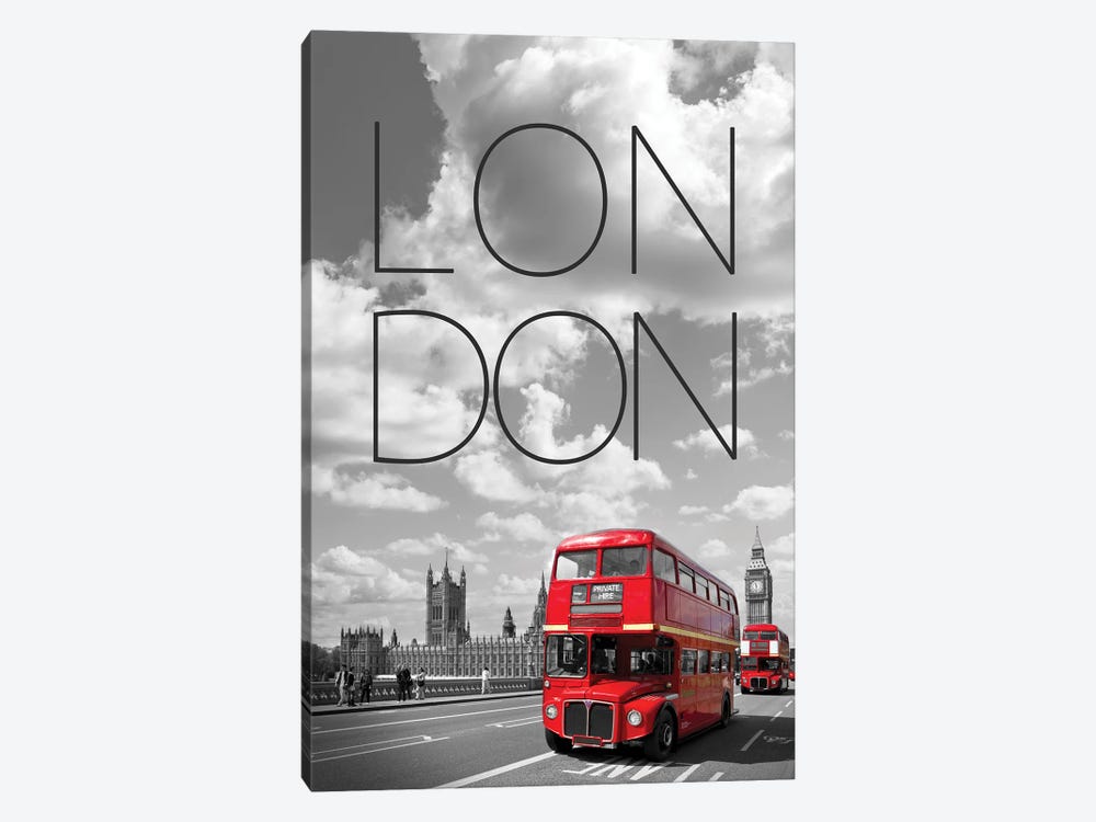 Red Buses In London Text & Skyline by Melanie Viola 1-piece Canvas Print