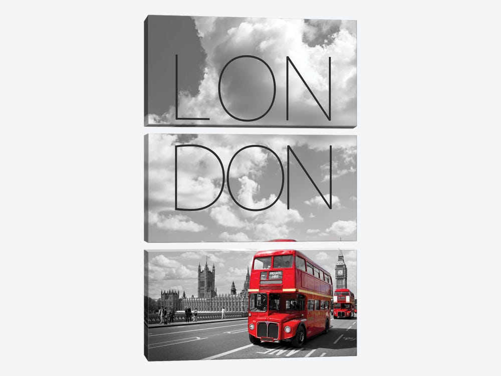Red Buses In London Text & Skyline by Melanie Viola 3-piece Art Print