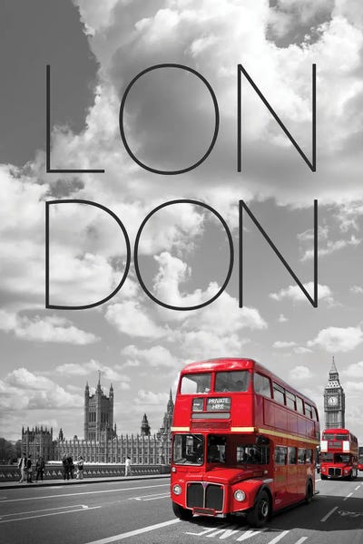 London Skylines: Red Buses In London Text & Skyline by Melanie Viola