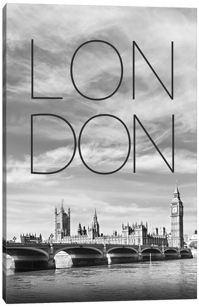 London Westminster Bridge Text & Skyline Canvas Art Print - London Skylines