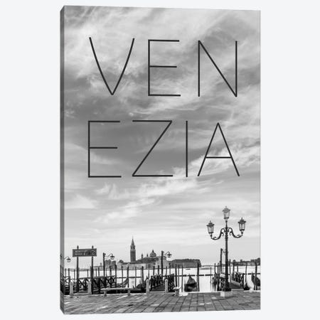 Venice Gondolas In The Early Morning Text & Skyline Canvas Print #MEV861} by Melanie Viola Canvas Wall Art