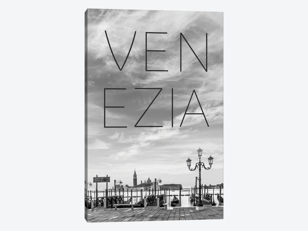 Venice Gondolas In The Early Morning Text & Skyline by Melanie Viola 1-piece Canvas Wall Art