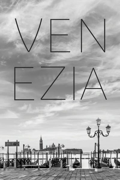 Venice: Venice Gondolas In The Early Morning Text & Skyline by Melanie Viola