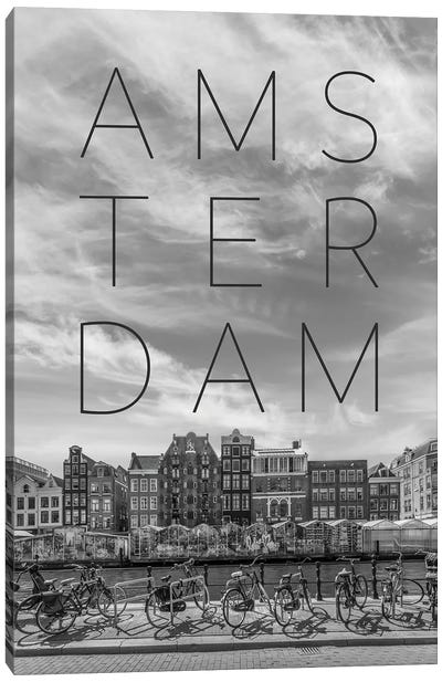 Amsterdam Singel Canal With Flower Market Text & Skyline Canvas Art Print - Amsterdam Skylines
