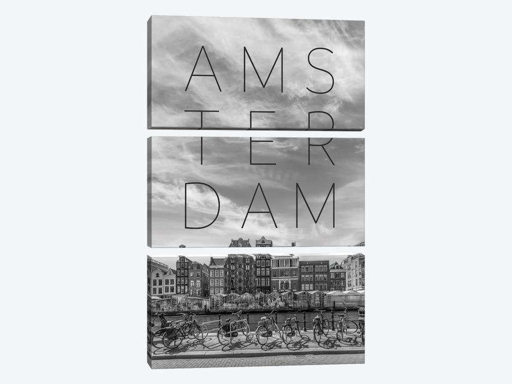 Amsterdam Singel Canal With Flower Market Text & Skyline by Melanie Viola 3-piece Art Print