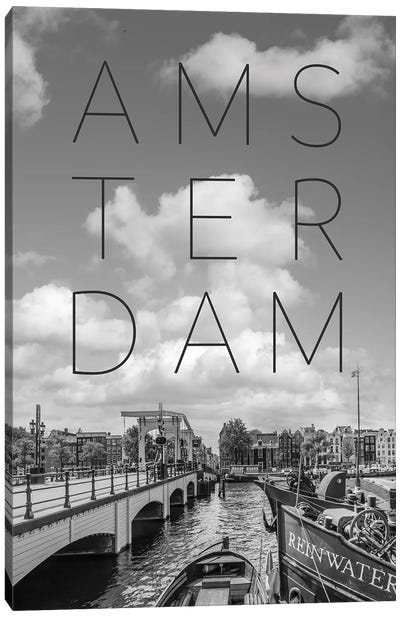 Amsterdam Magere Brug Text & Skyline Canvas Art Print - Netherlands Art