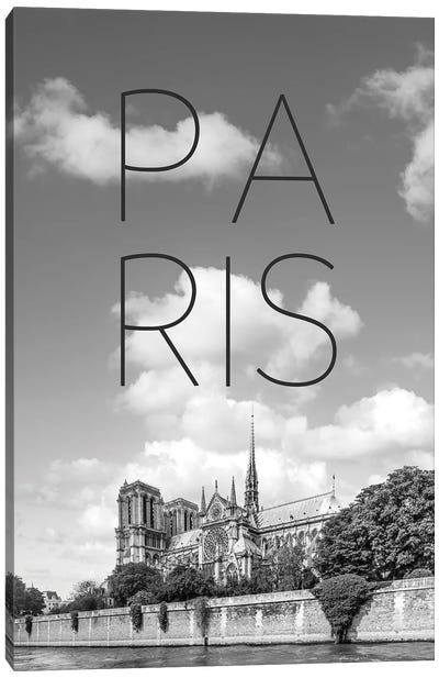 Paris Cathedral Notre-Dame Text & Skyline Canvas Art Print - Notre Dame Cathedral