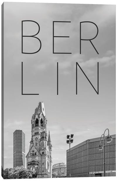 Berlin Kaiser Wilhelm Memorial Church Text & Skyline Canvas Art Print - Berlin Art