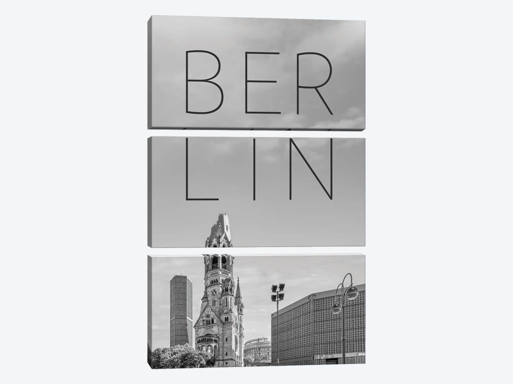 Berlin Kaiser Wilhelm Memorial Church Text & Skyline by Melanie Viola 3-piece Canvas Art Print