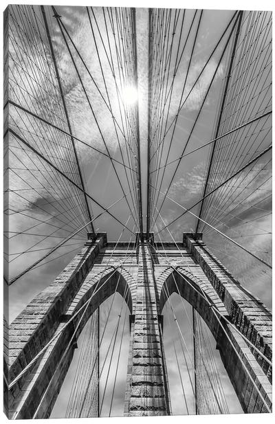 New York City Brooklyn Bridge In Detail Canvas Art Print - Black & White Decorative Art