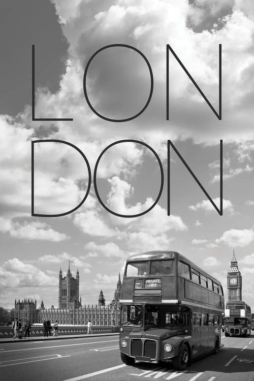 Busses On Westminster Bridge - Text And Skyline by Melanie Viola wall art