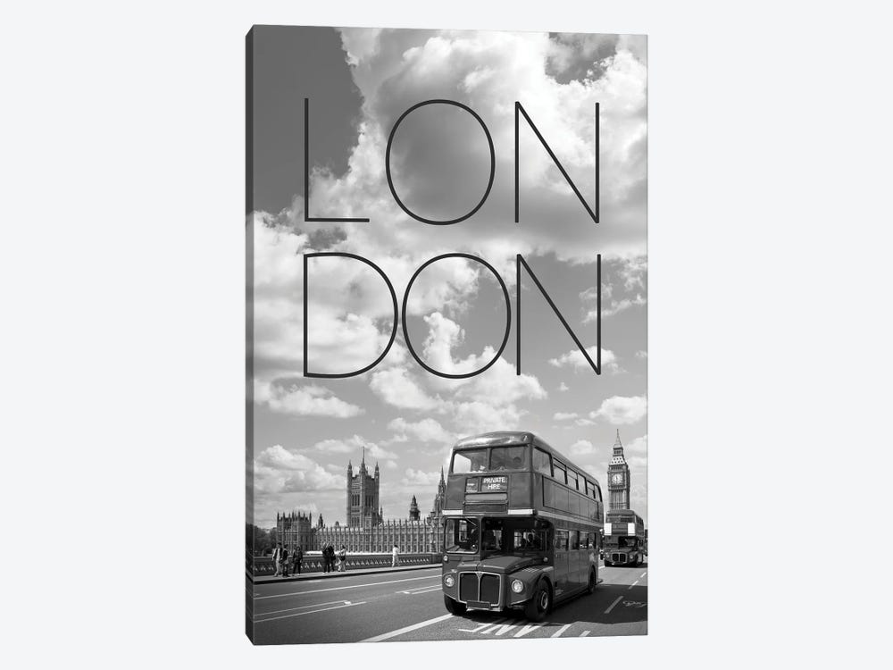 Busses On Westminster Bridge - Text And Skyline by Melanie Viola 1-piece Canvas Art
