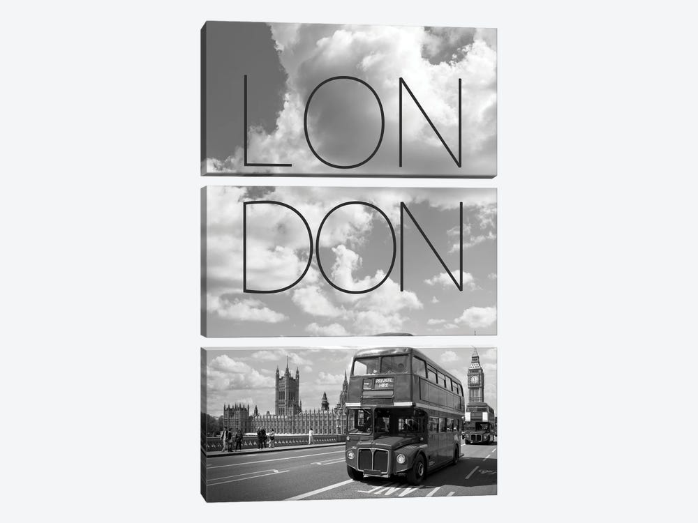Busses On Westminster Bridge - Text And Skyline by Melanie Viola 3-piece Canvas Art