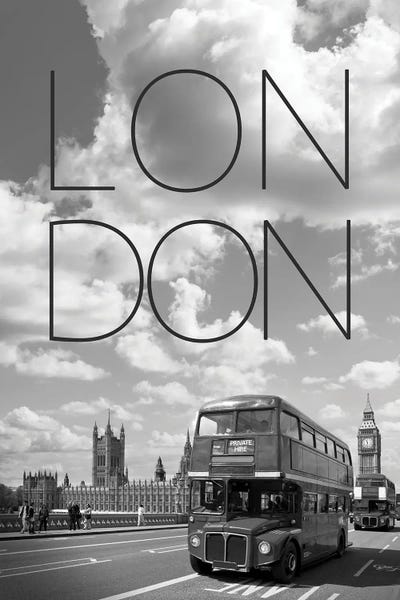 London: Busses On Westminster Bridge - Text And Skyline by Melanie Viola