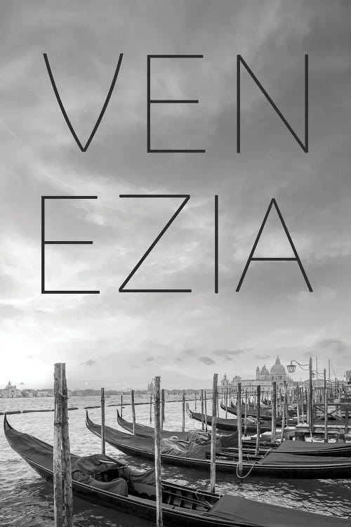 Gondolas In Venice - Text And Skyline