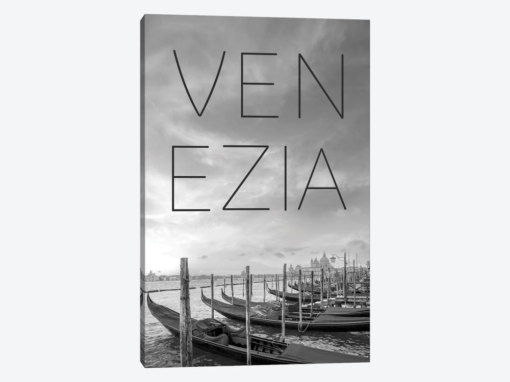 Gondolas In Venice - Text And Skyline by Melanie Viola 1-piece Canvas Print