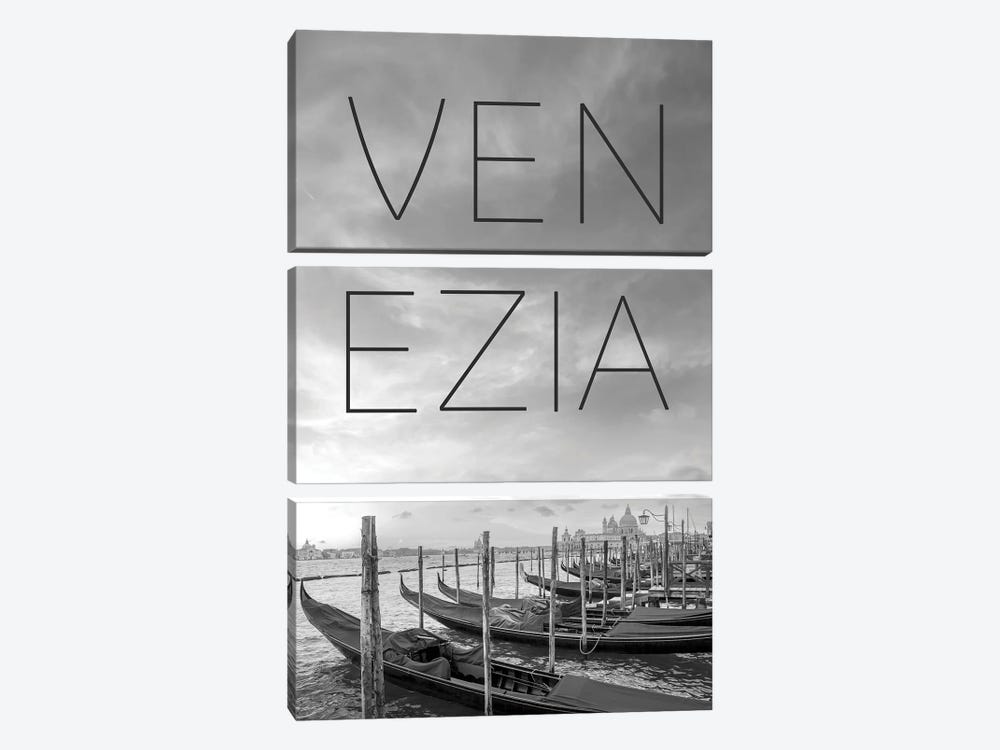 Gondolas In Venice - Text And Skyline by Melanie Viola 3-piece Canvas Art Print